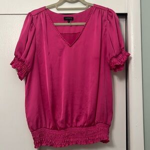 Hot pink satin blouse with elastic puff bottom and sleeves